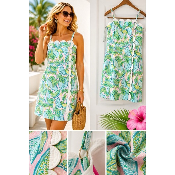 Lilly Pulitzer Dresses & Skirts - Lilly Pulitzer Sz 10 Scalloped Shift Dress Pink Green Leaf Print Coastal Resort